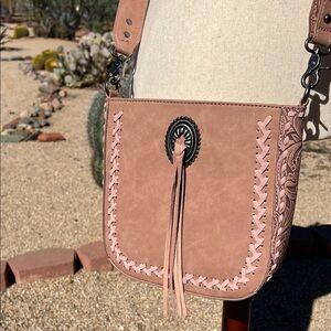 Montana West | Dusty Rose Leather Crossbody Bucket Bag w/ Tooled Design